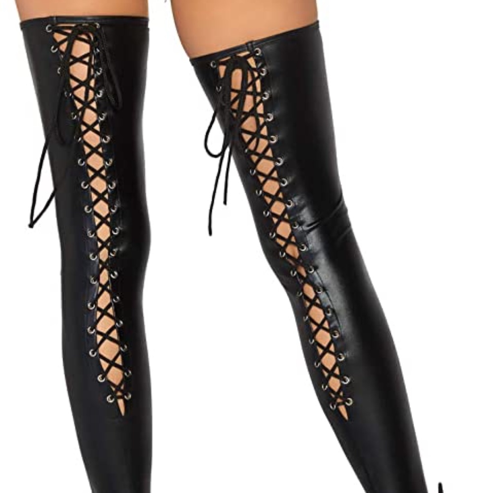 Wet Look Lace Up Thigh Highs